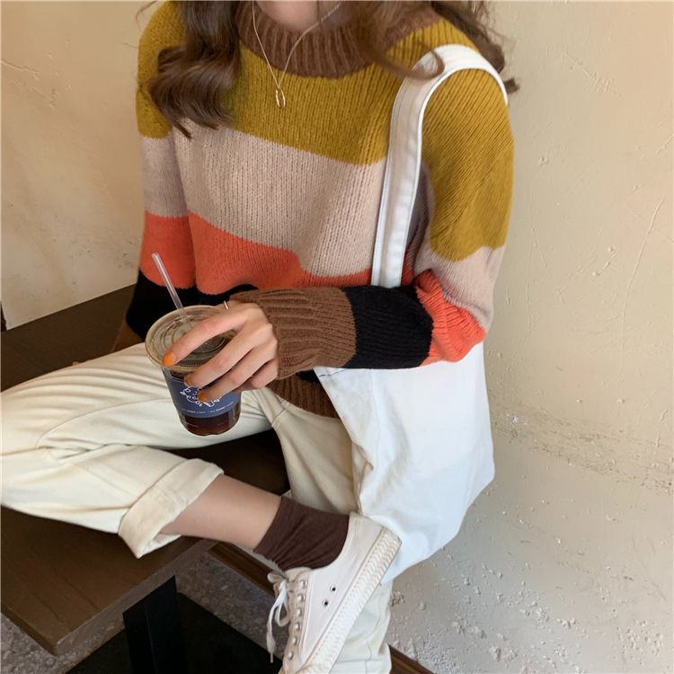 2Colors Autumn Winter Women Pullovers And Sweaters Jumper preppy style stripe thick Warm Female knitted Sweater (C8646) 210423