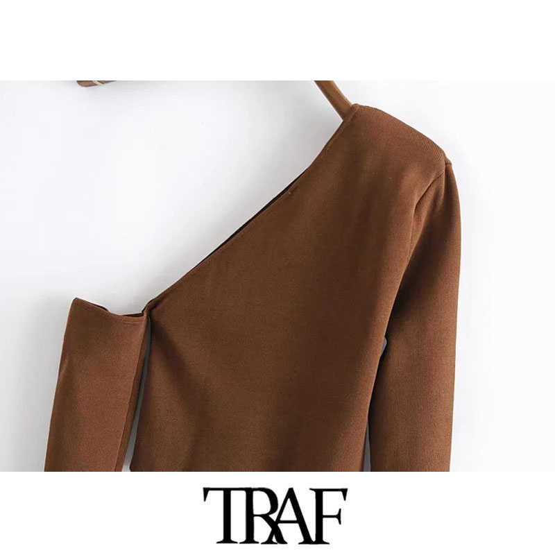 TRAF Women Fashion Hollow Out Cropped Knitted Sweater Vintage Asymmetric Neck Long Sleeve Female Pullovers Chic Tops 211007