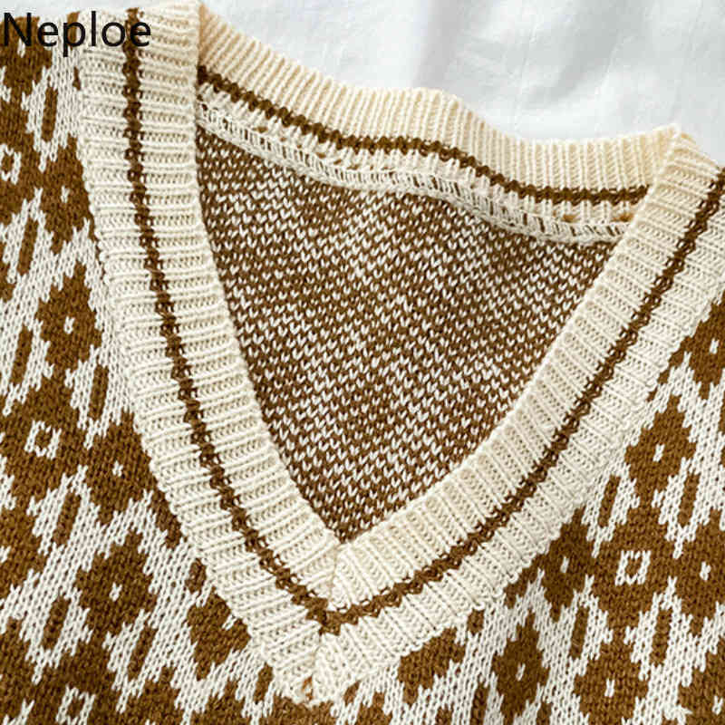 Neploe Fashion Plaid Knitted Sweater Vest Women V-neck Sleeveless Knitwear Pullovers Tops Fall Clothes Short Jumper Tank Coat 210422
