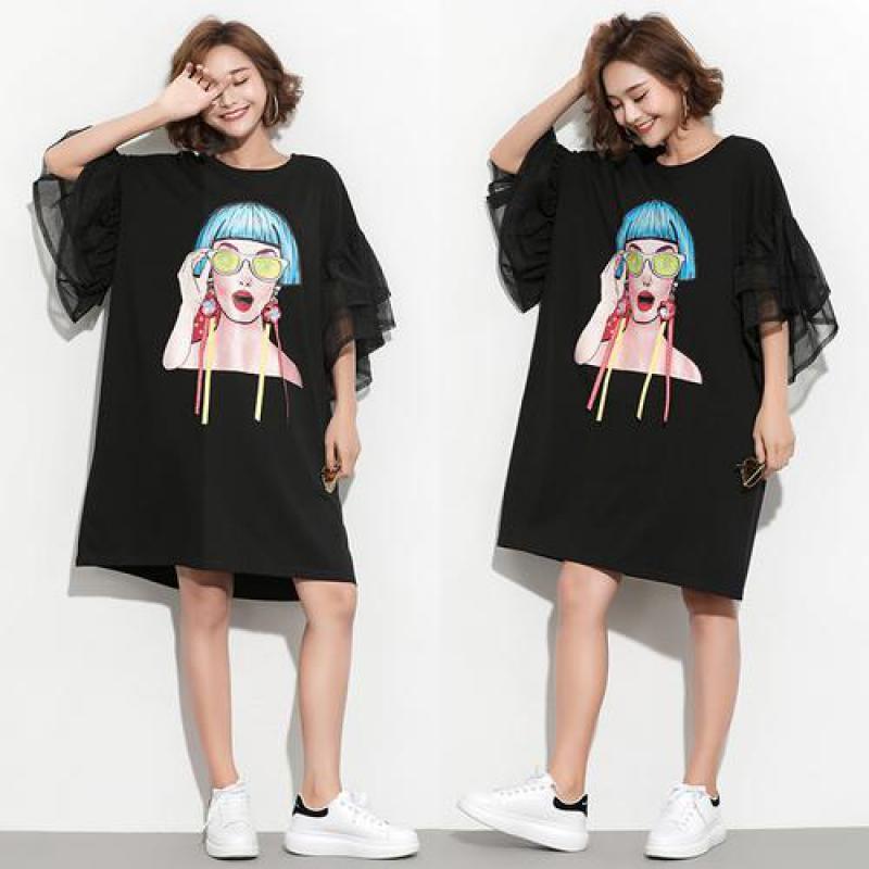 Plus Size Women T-shirt Spring Summer Puff Sleeve Oversize Loose T-Shirt Cartoon Casual Long Tshirt Tees Large Tops H9760 210512