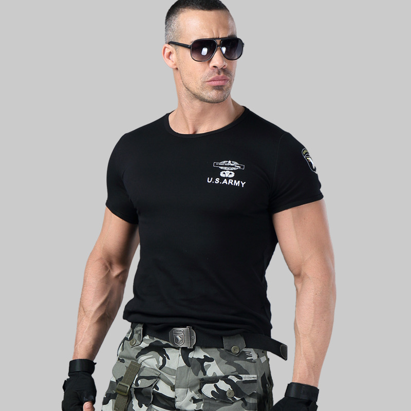 Men's Army T Shirt Summer Military Cotton T-shirt Body Sculpting Short Sleeve High Elasticity Stretch Slim Fit Male Tshirt 210518