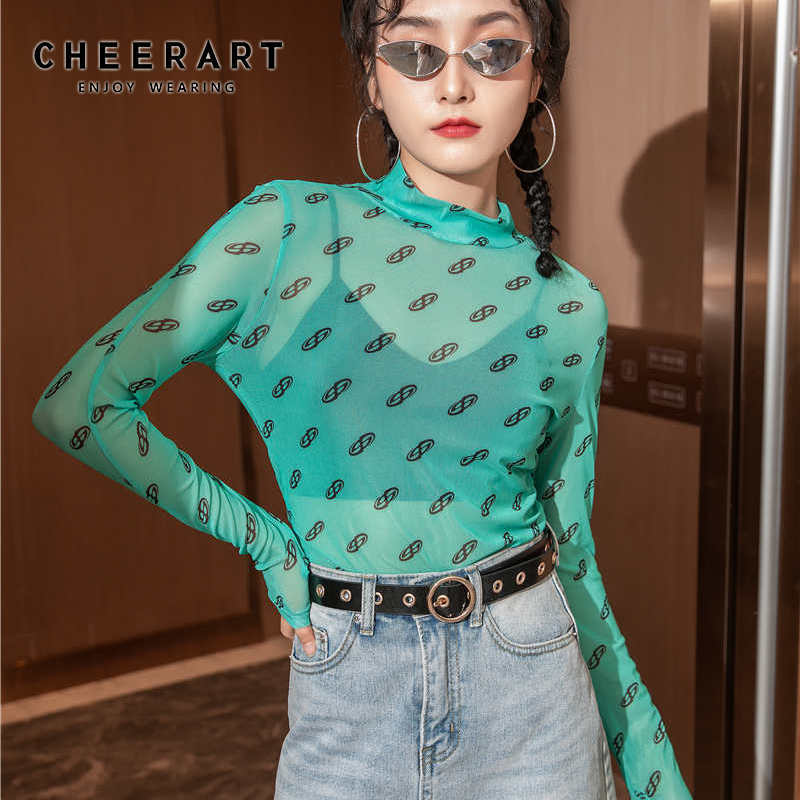 Mesh Top Long Sleeve T Shirt Women Turtleneck See Through Tshirt Transparente Print Tight Ladies Fall Clothes 210427