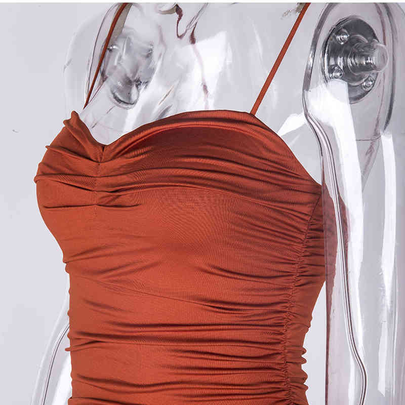 NewAsia 2 Layers Summer Dress Women Pleated Long Dress Sexy Spaghetti Straps Ruched Party Dress Brown Vestidos Robe Femme 210331