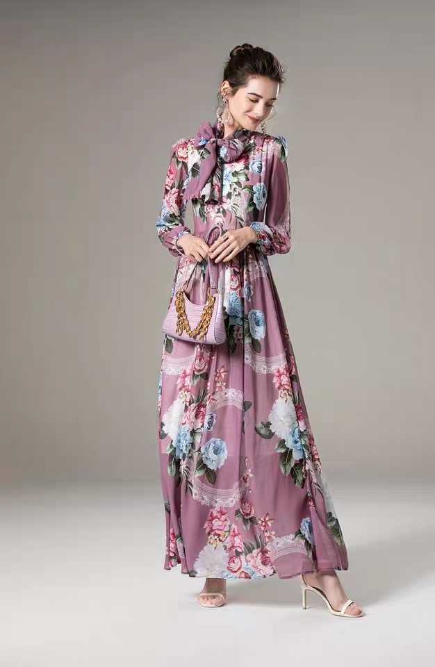 Summer Fashion Runway Maxi Dress Women's O-Neck Vintage Purple Flowers Print Holiday Boho Long Dresses Plus size 2xl 210421