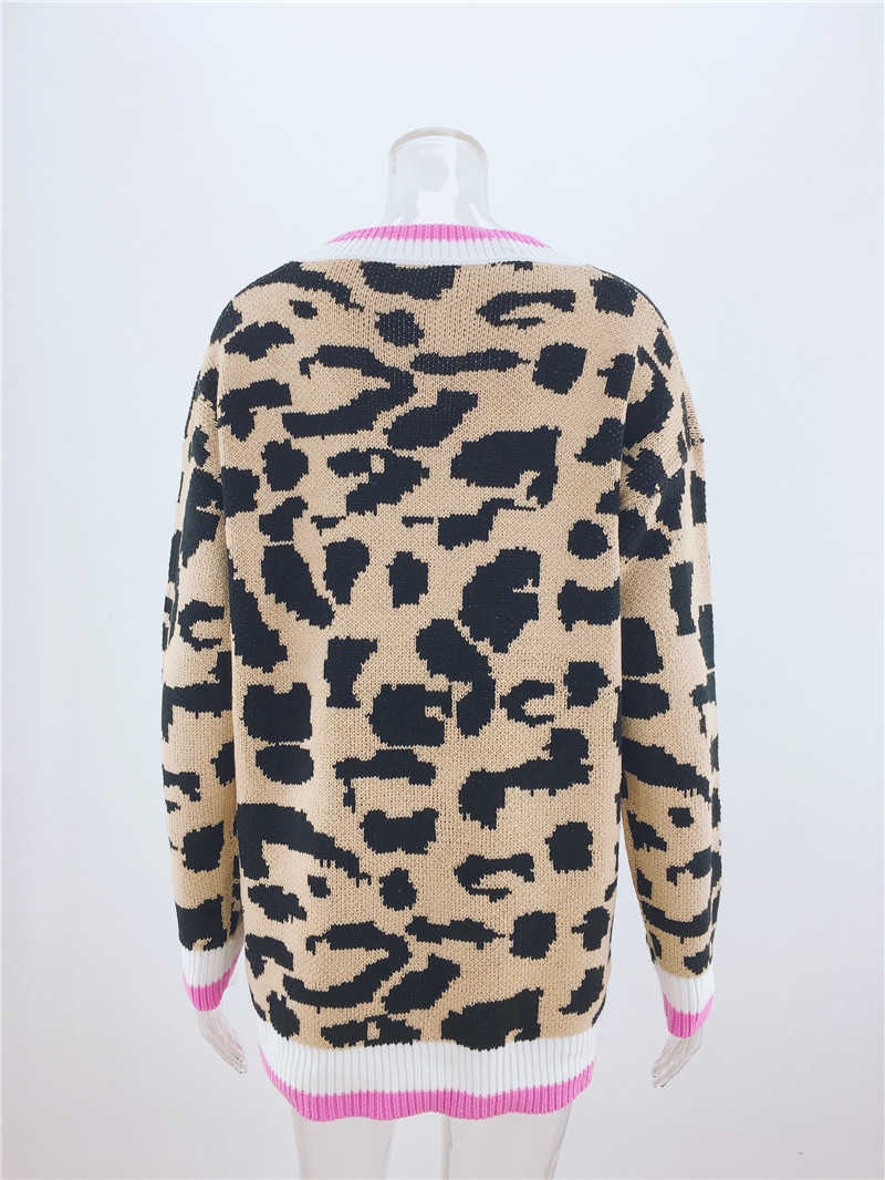 Qooth Women Leopard Knitted Sweater Winter Animal Print V-neck Long Sleeve Female Pullovers Casual Loose Jumpers QT326 210609