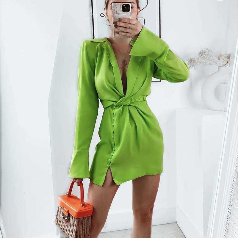 Summer Shirt Dress Women 2021 Green Long Sleeve Shoulder Pad Slim Fashion Dress Chic Button Pleated Mini Shirt Dress Q0707