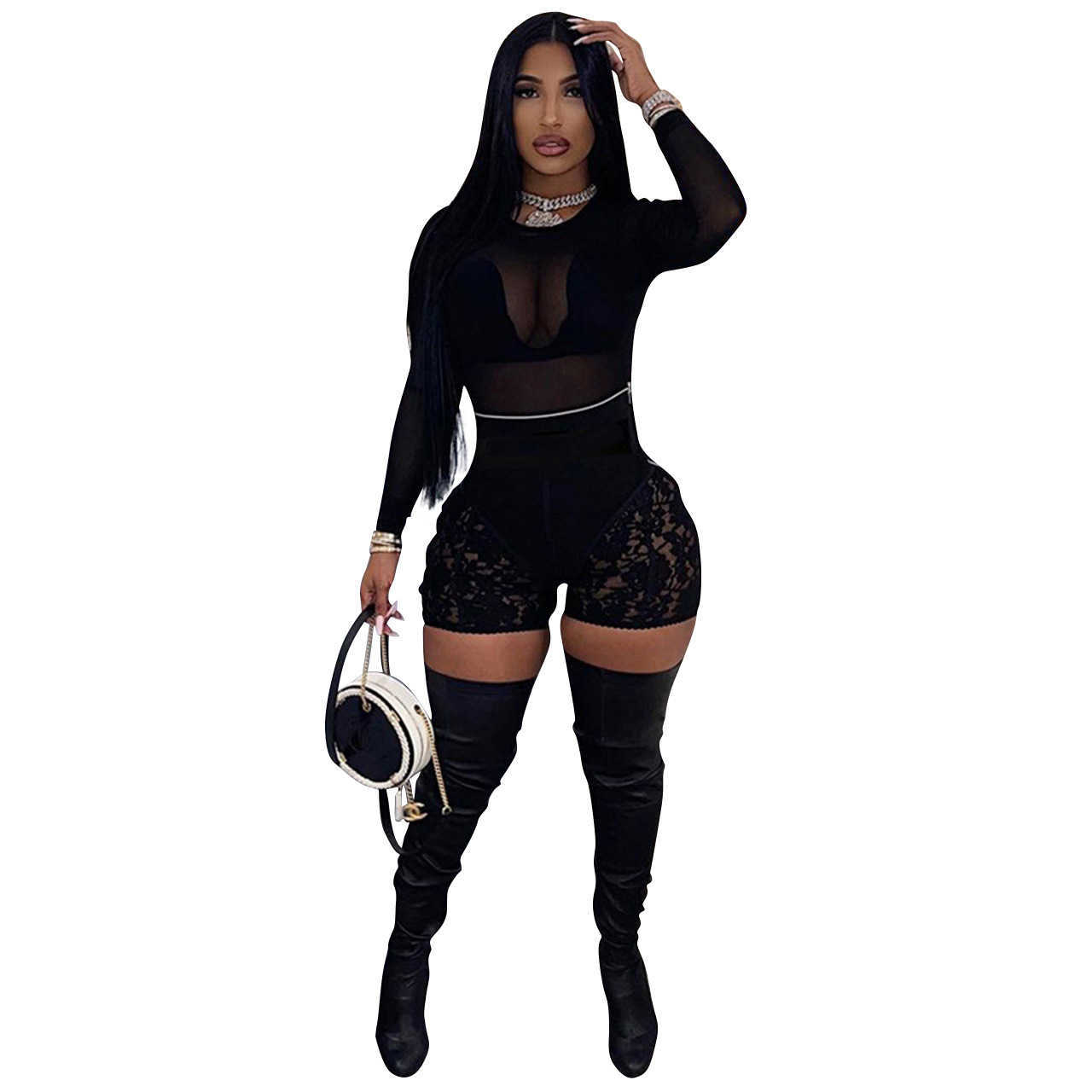 Women Set Solid Mesh Long Sleevele Tops Lace Shorts Two 2 Piece Sets Sexy Night Clubwear Summer Outfits X0709
