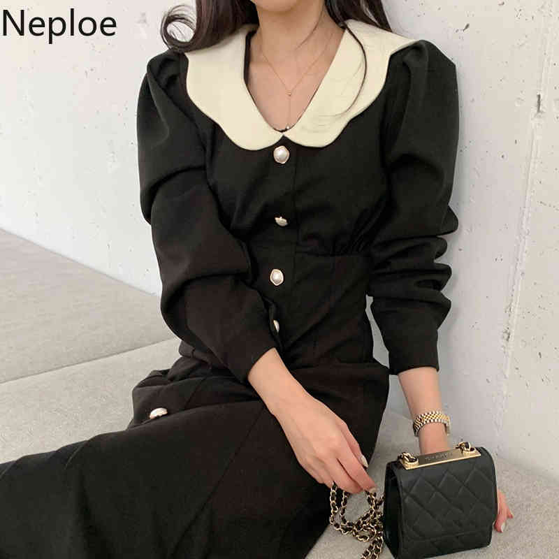 Neploe Korean Elegant Woman Dress Peter Pan Collar Single Breasted Vestidos Slim Waist Temperament Plaid Maxi Dresses Women 210422