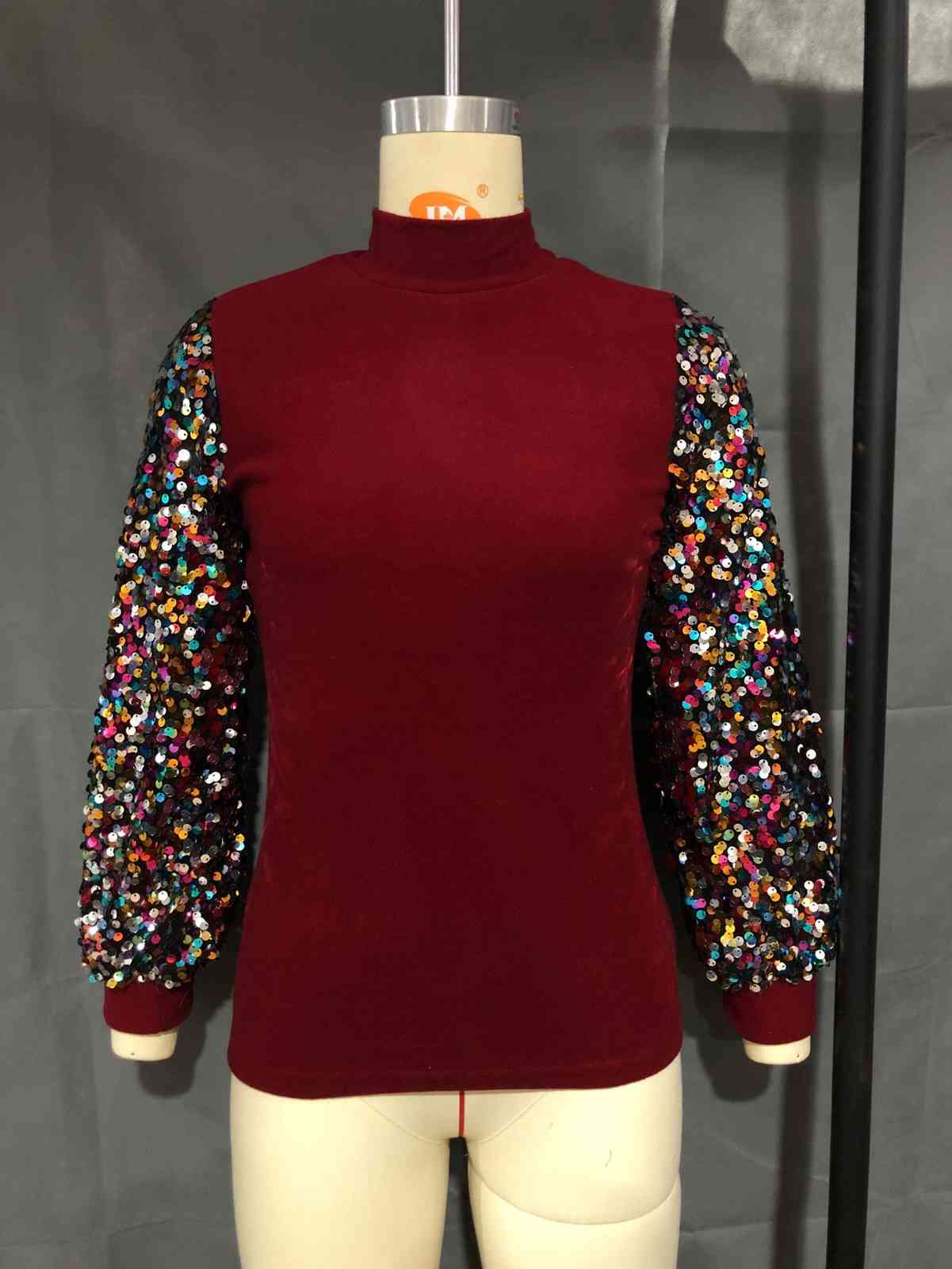 Women Sweater Lantern Sleeve Knitted Sequined Stitching Bottoming Pullovers Fashion Tops Autumn Winter 210513