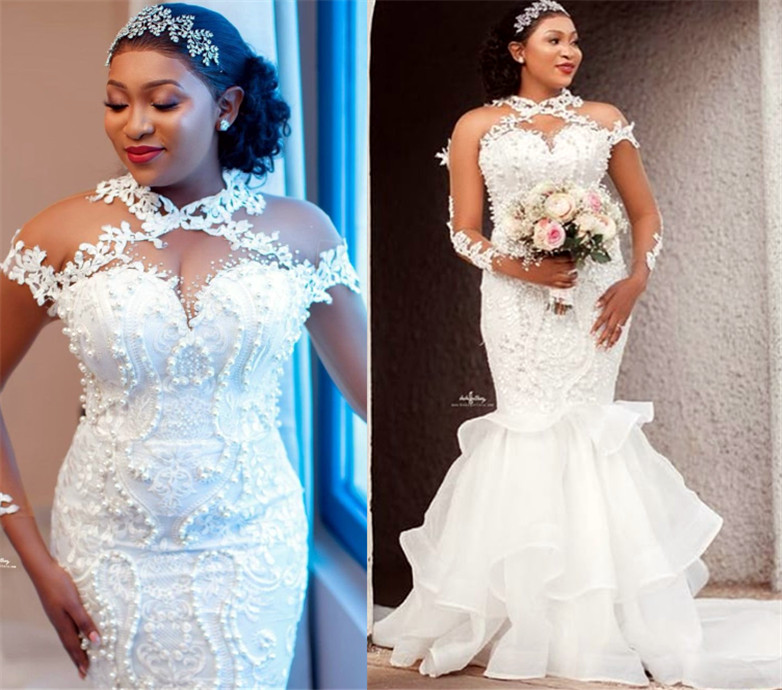 2021 Plus Size Arabic Aso Ebi Lace Pearls Mermaid Wedding Dress Sheer Neck Long Sleeves Vintage Sexy Bridal Gowns Dresses ZJ664