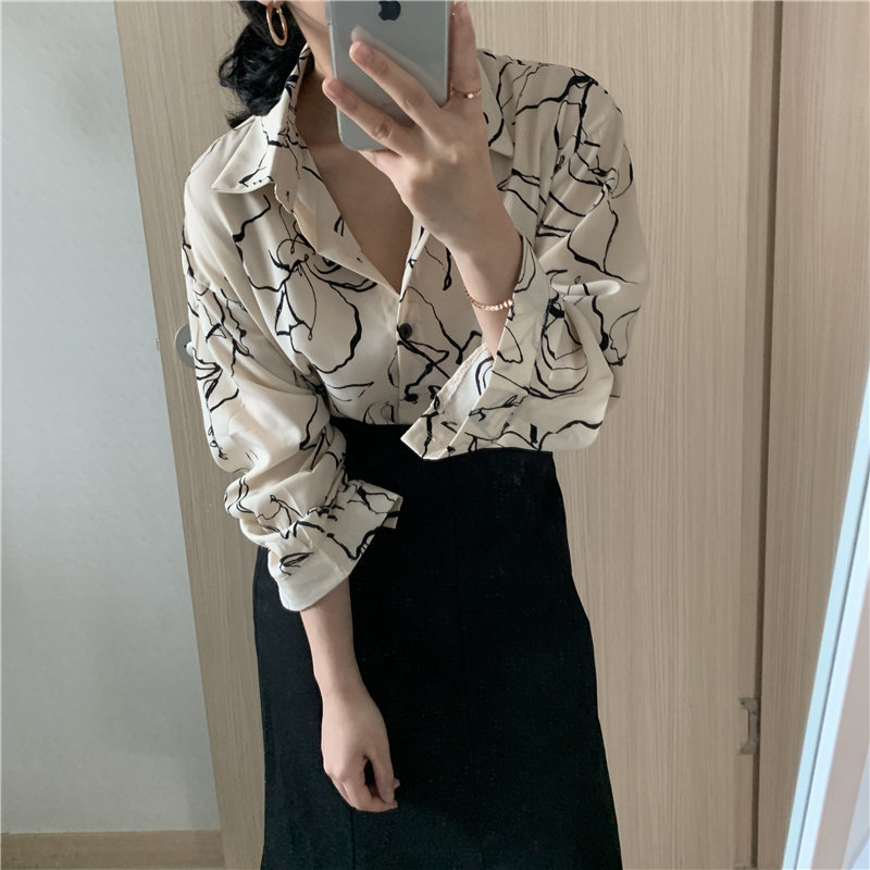 Korean Chic Sketch Flower Abstract Print Single Breasted Loose Long Sleeve Shirts Streetwear Office Lady Blouses 210421