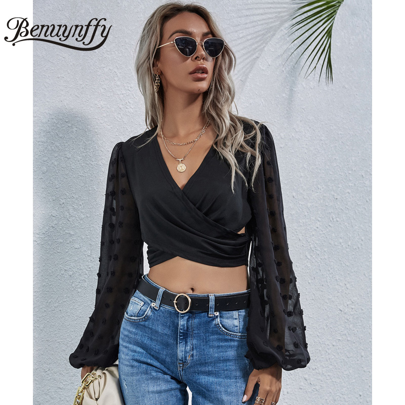 Crossover V-neck Polka Dot Flocked Mesh Sleeve Crop Top Women Black Sexy Lantern Ladies Slim Blouses Tops 210510