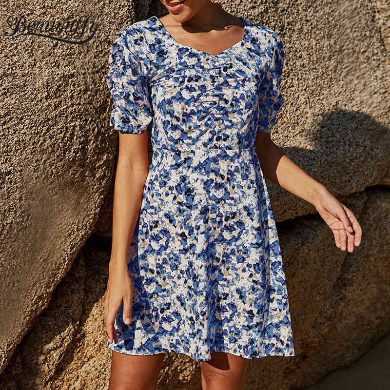 Sweetheart Neck Casual Print Ruched Mini Dresses Women Summer Short Sleeve Slim High Waist Ladies Vintage A-Line Dress 210510