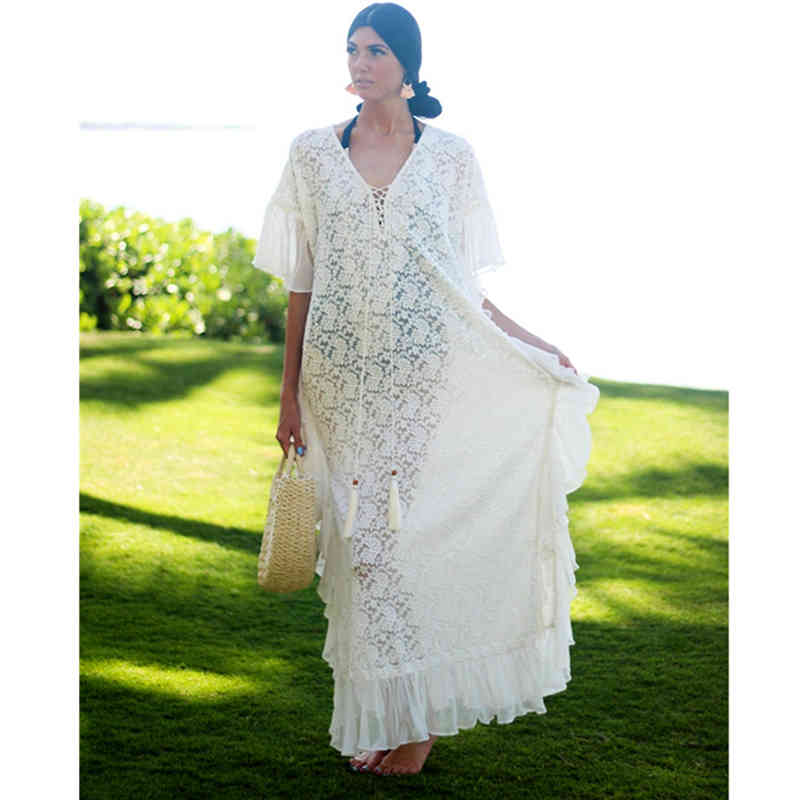 Arrival Bikini Cover-ups White Lace Tunic Sexy V-neck Plus Size Women Summer Dress Beach Wear Swim Suit Cover Up Q1254 210420