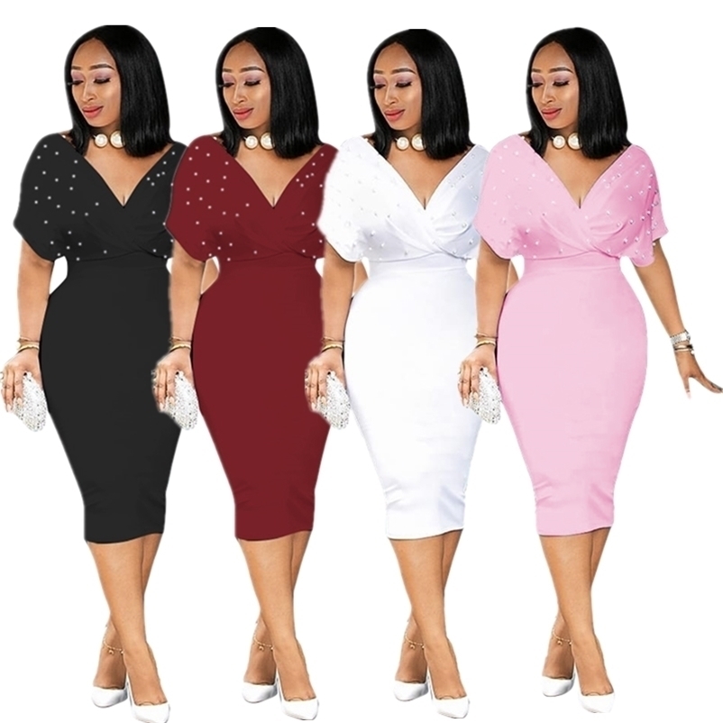 Summer Women's Plus Size Dresses Loose Bat Short Sleeve Pearl Dress Sexy Deep V Neck Elegant Dress Party Wholesale Dropshipping 210409