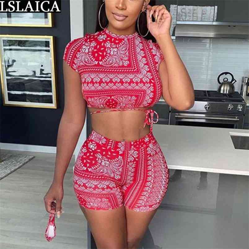 2 Peice Set Women Summer Floral Print Short Sleeve O Neck Crop Tops Shorts Tracksuit Sexy Club Wear Outfits 210515