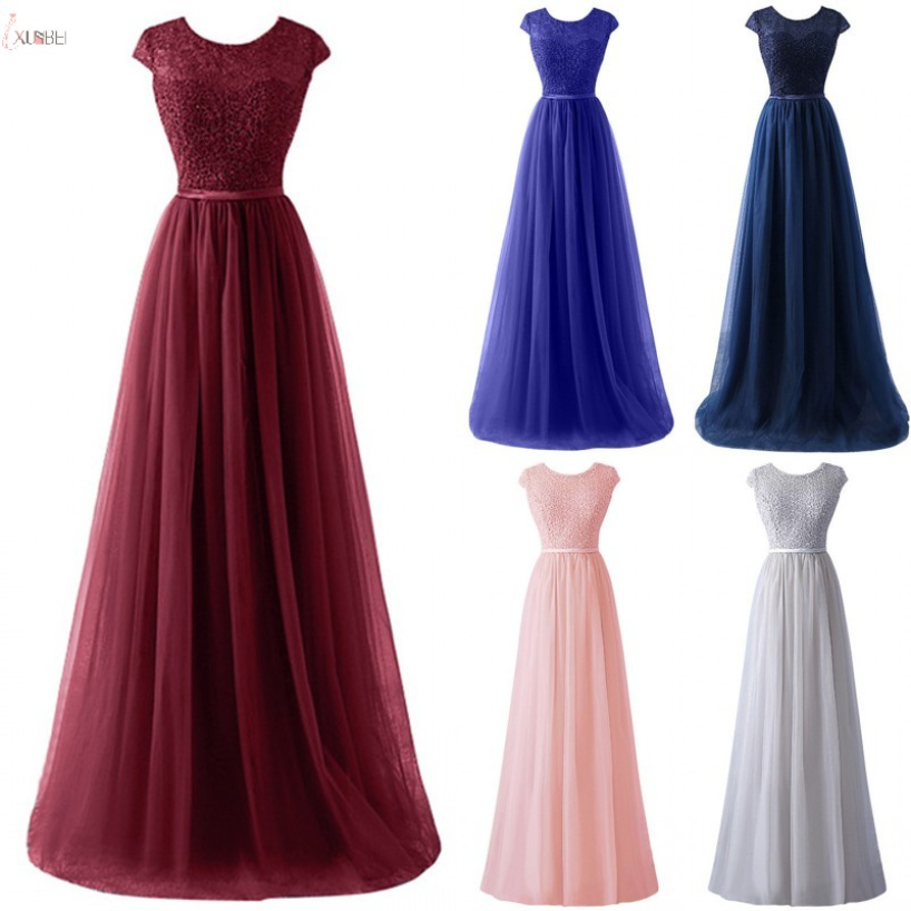 Elegant Evening Dresses Tulle Long A line Cap Sleeve Applique Evening Prom Gown robe de soiree CPS1132