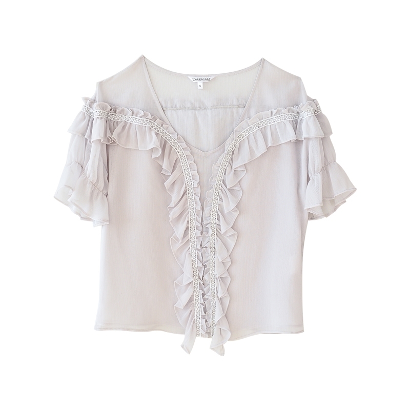 Dabuwawa Exclusive Summer Sweet Solid Chiffon Blouse Women Elegant Ruffle Short Sleeve V-Neck Shirts Tops Ladies DO1BCF005 210520