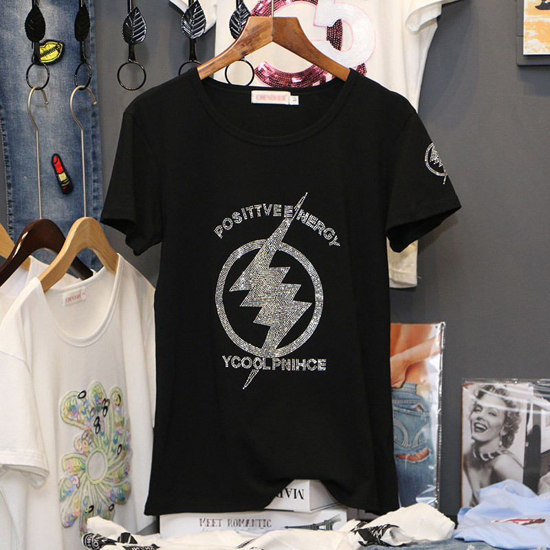 Hiawatha Hot Drilling T Shirt Short Sleeve Cotton Summer T-Shirts Women O-Neck Casual Tops Tees TX002 210406