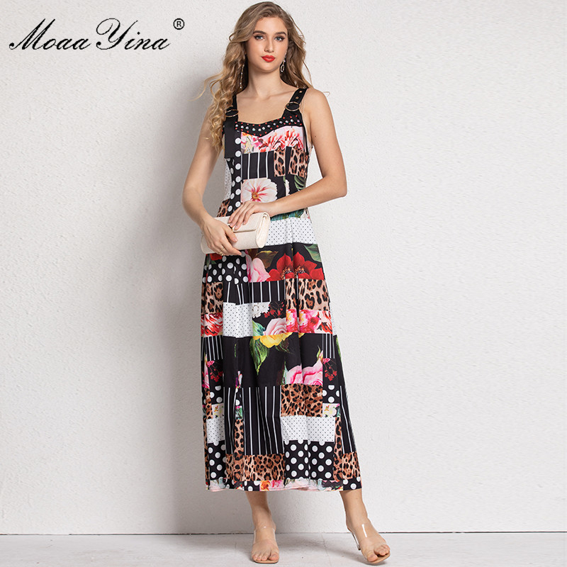 Fashion Dress Summer Women's dress spaghetti strap Beaded Floral Print Bohemia Vacation Maxi Dresses 210524
