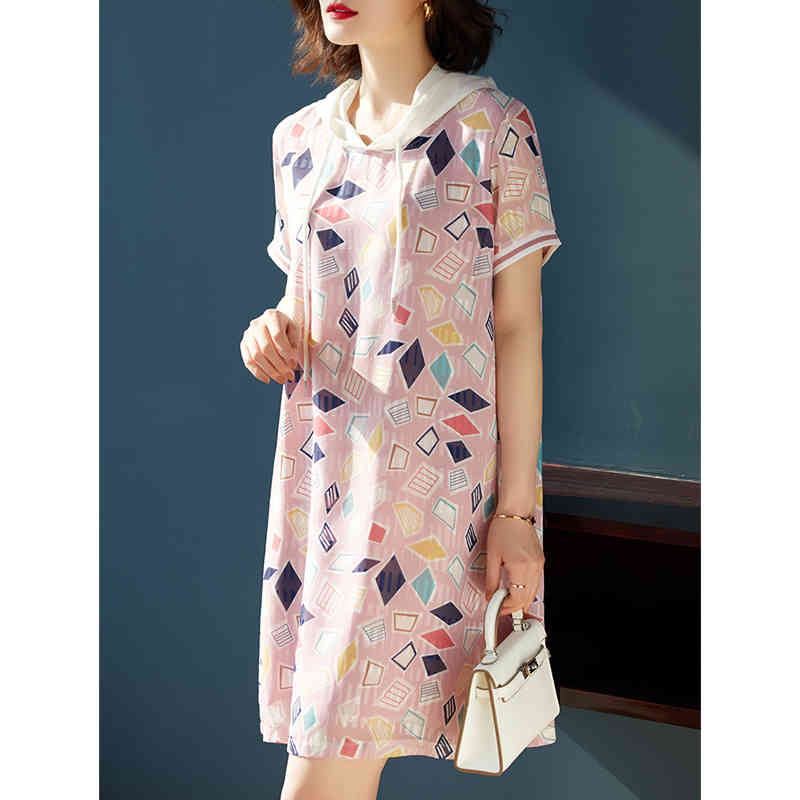 Plus Size Hooded Geometry Printing Women Chiffon Spring Summer Short Sleeve Ladies Loose Medium Long TShirt Dress D12801X 210416
