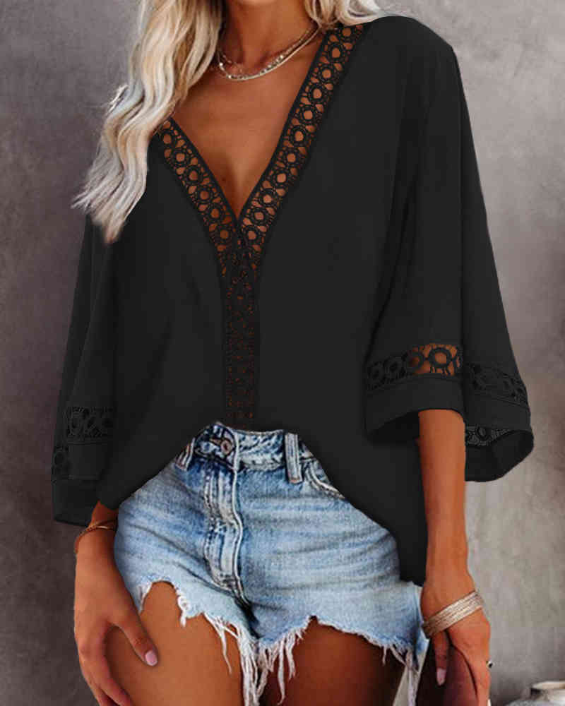 Spring Summer Women Solid Hollow-out Blouse New Femme Casual Plain Bell Sleeve V-Neck Top Ladies Mid Sleeve Clothing 210415