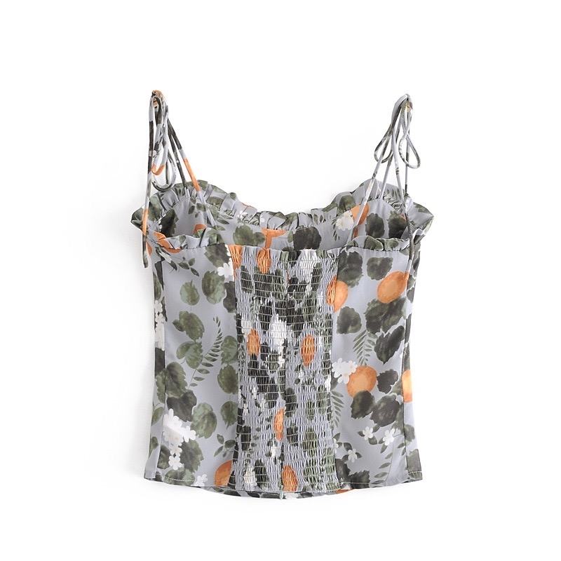 Tie Bow Strap Wood ears Lemon Floral Print Camis Women Summer Ruched Tanks Retro Girl Sexy Slim Crop Top Short Tees 210429