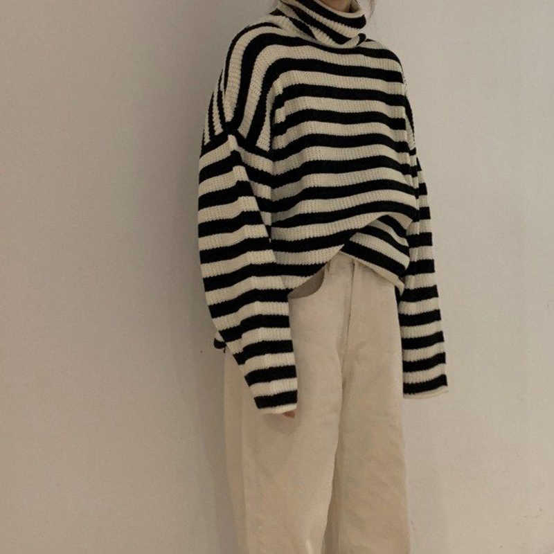 Women Stripes Sweater Harajuku Winter Vintage Women Thickening Loose Warm Turtleneck Sweater 210918