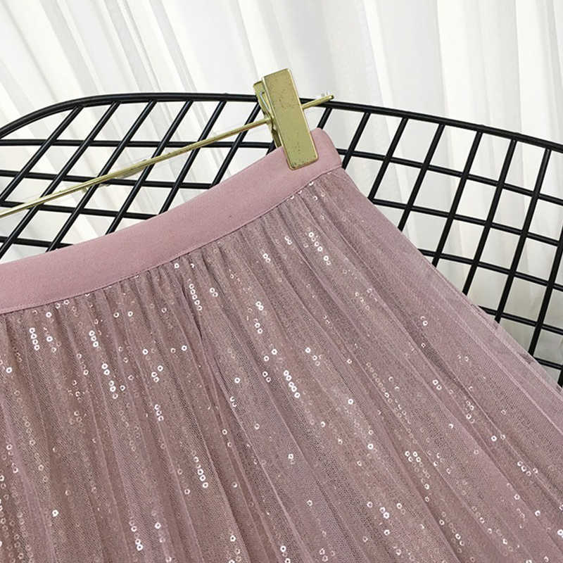 TIGENA 4 Layers Fashion Sequin Tulle Skirt Women Spring Summer Korean Long Maxi Female High Waist Pleated Pink 210621