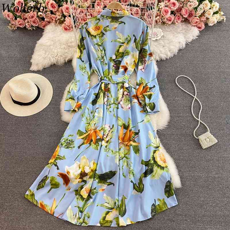 Fashion Floral Dresses Women Temperament Turn-down Collar Dress Spring Robe Lace Up Slim Big Swing Elgant Vestidos Mujer 210422