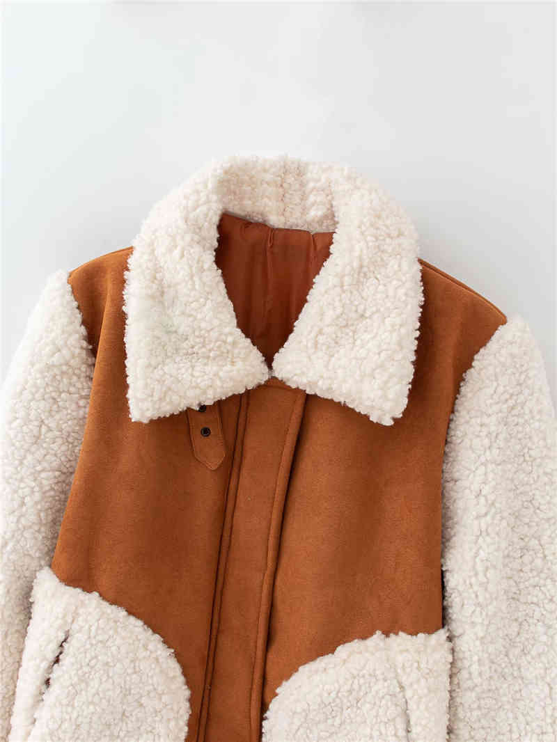 fashion women grain cashmere patchwork jacket streetwear lady turn down collar outerwear causal female pocket 210430