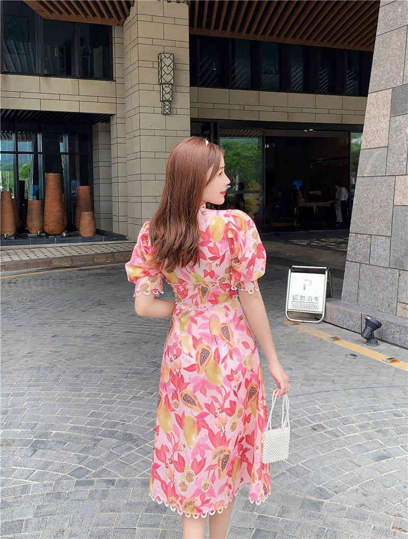 Vintage Summer Sweet Floral Printed V-Neck Single Breasted Puff Sleeve Women Female A-line High Waist Vacation Midi Dress 210519