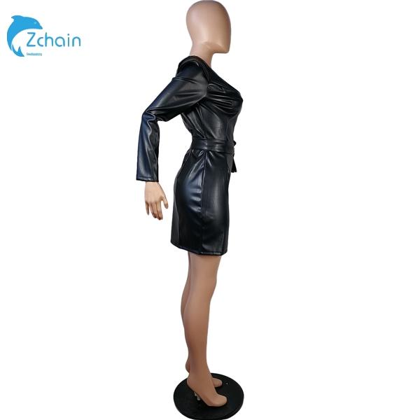 Quick Ship Stylish V Neck PU Long Sleeve Dress With Belt Black Leather Dresses Women Casual
