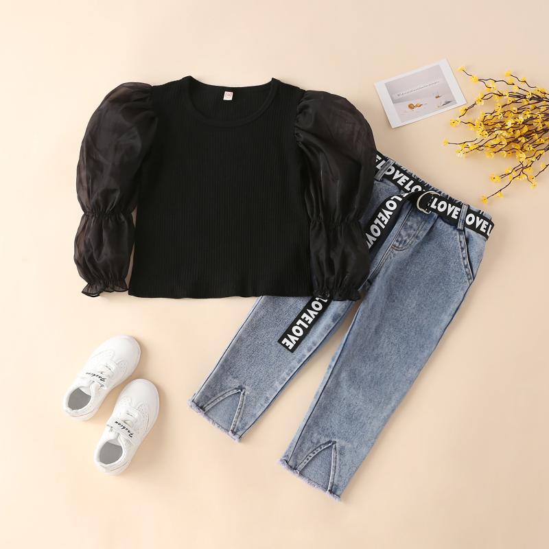 Clothing Sets Baby Girl Autumn Denim Pants Suits Solid Color Mesh Puff Long Sleeve Knitted Rib Tops Letter Belt Jeans Outfit, White
Clothing Sets Baby Girl Autumn Denim Pants Suits Solid Color Mesh Puff Long Sleeve Knitted Rib Tops Letter Belt Jeans Outfit, White