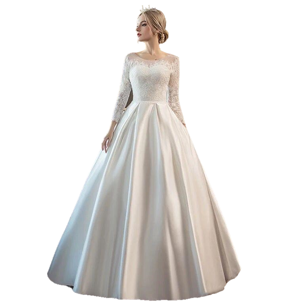 Elegant Ivory A e Wedding Dress With 3/4 Long Sleeve Back Lace Up Plus Size or Length Satin Bridal Gowns Scoop Neck Pastrol Style Bride Dresses