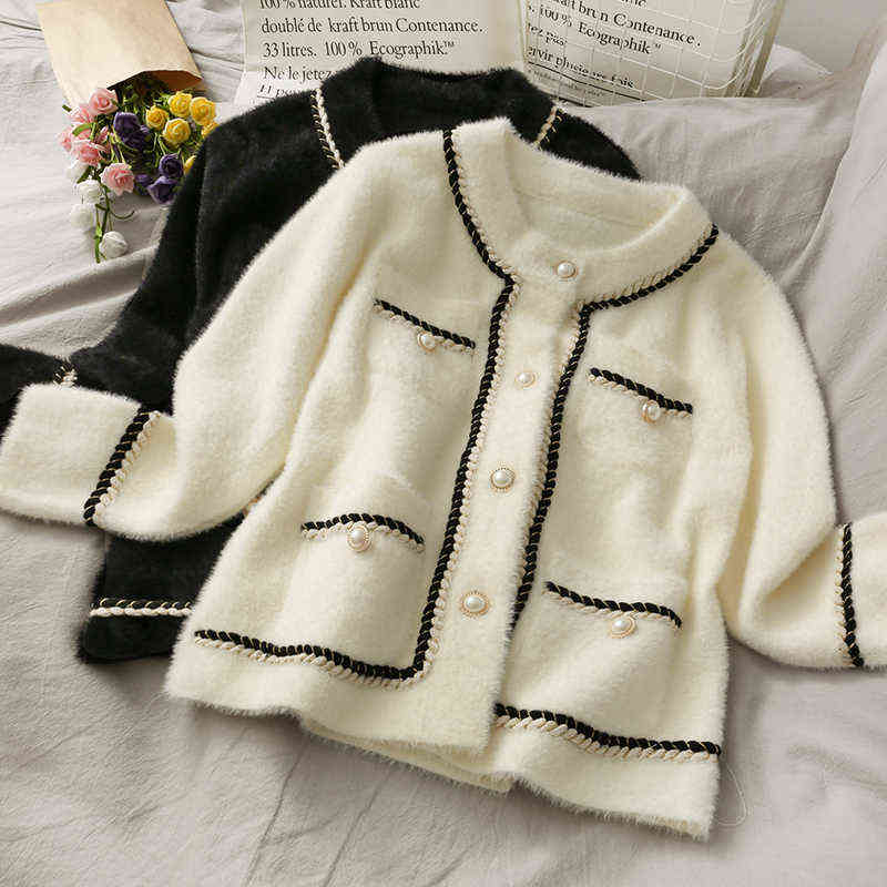 Mink Cashmere Loose Sweater Cardigan Jacket Women Autumn and Winter Short Bright Silk Stripe Thickened Knitted Top Coat 211117