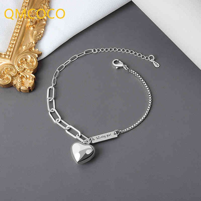 Qmcoco 925 Silver Bracelet for Woman Trendy Elegant Vintage Creative Design Simple Love Heart-shape Party Jewelry Gifts
