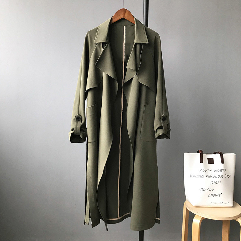 Elegant Solid Color Windbreaker Women Coat With Pockets Fashion Split Hem Sashes Outwear Casual Long Trench 210515