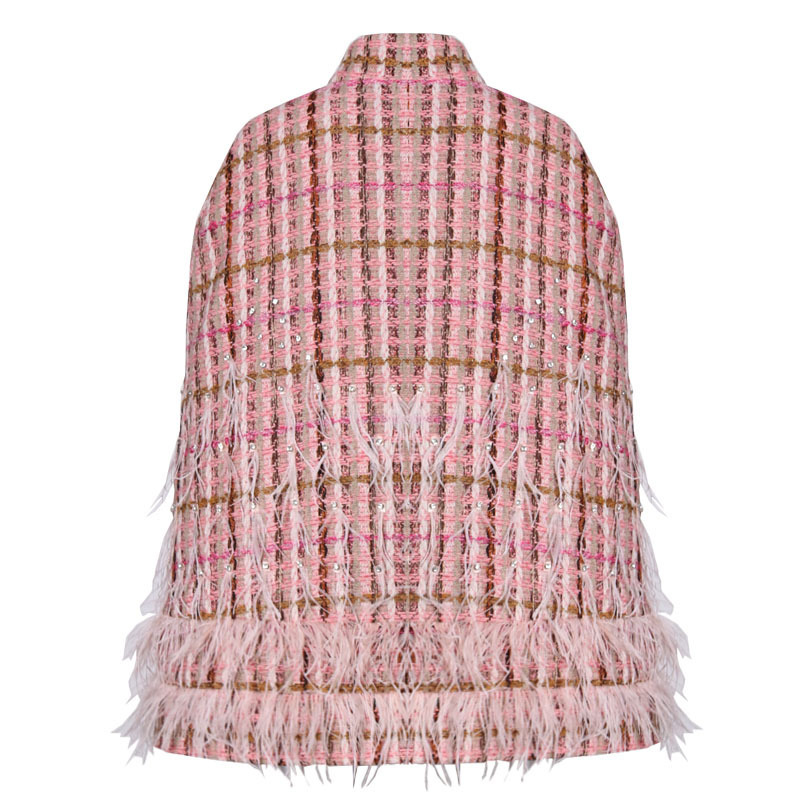 VGH Vintage Plaid Jacket For Women Stand Collar Long Sleeve Splicing Feather Elegant Jackets Female Fashion New Clothing Fall 210421