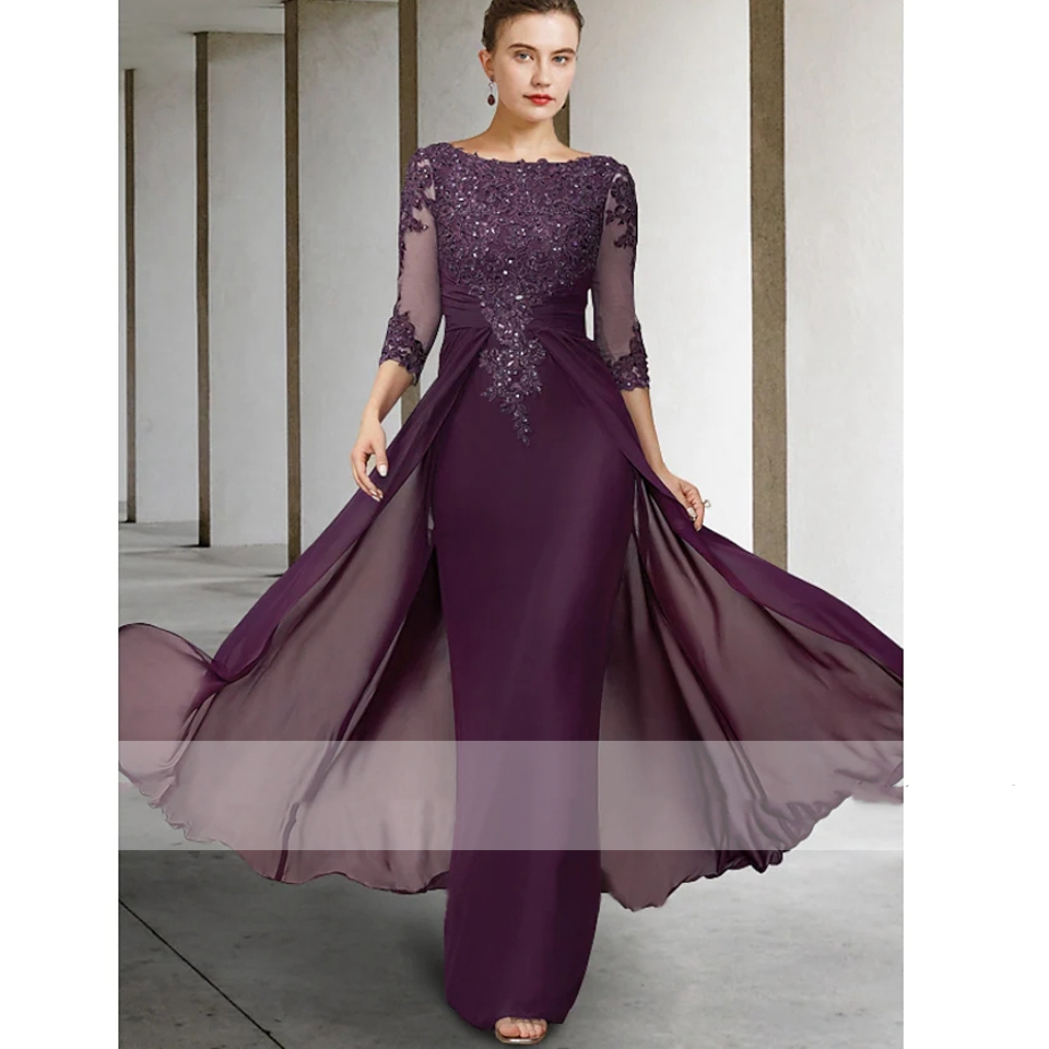 Graceful Purple Sheath Long Evening Dresses For Women Jewel neck Lace Appliqued Beads 3/4 Long Sleeve Mother Guest Formal Occasion Wear 2022 Prom Part