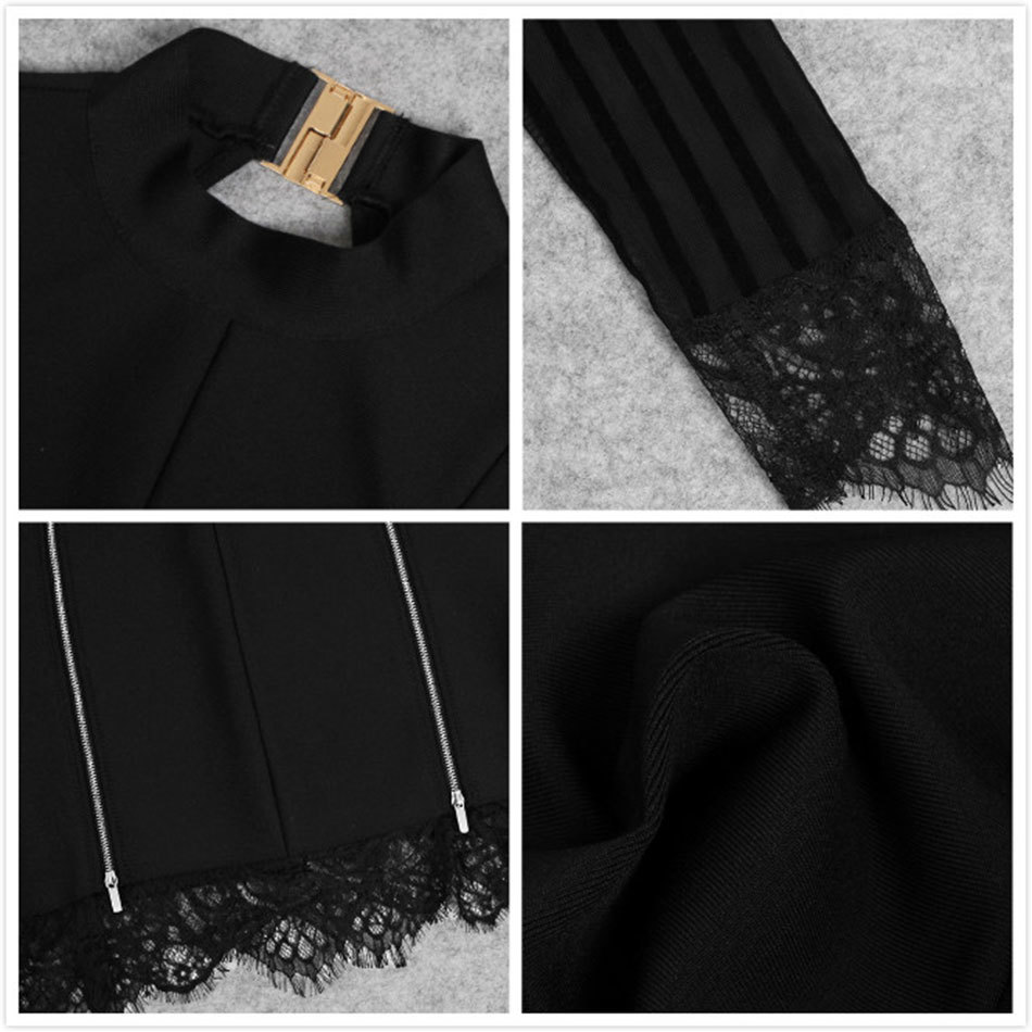 Free Sexy Lace Bandage Dress Long Sleeve Stand Collar Zipper Bodycon Halter Women Nightclub Party 210524