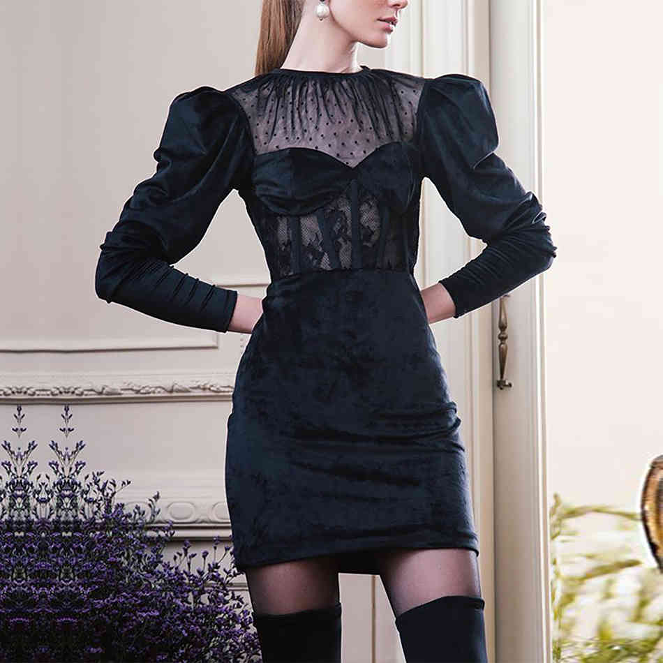 Summer Women Elegant Black Lace Mini Dress Sexy Lady Long Sleeve Velvet Club Celebrity Evening Runway Party 210423
