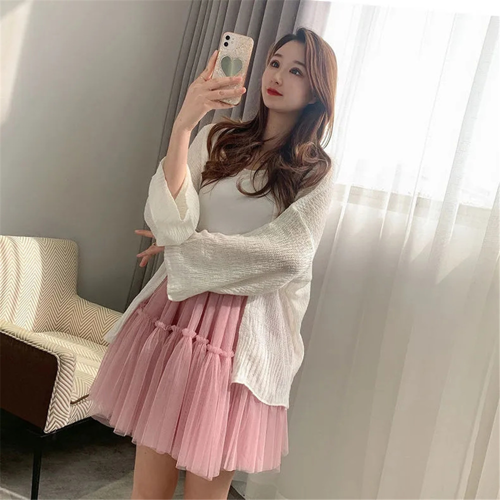 Summer White Pink High Waist Short Tutu Skirt Women Casual Pleated Korean Stitching Ruffles Mini For Girls 210421