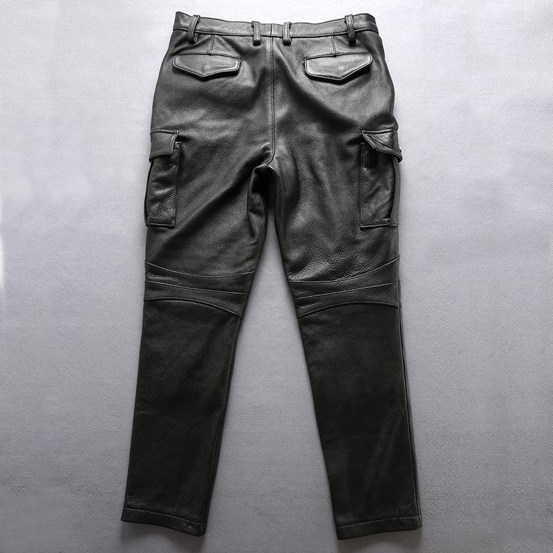 Designer Genuine Leather Men's Brand Profession Motorcycle Biker Long Trousers Vintage Large Size Soft Cowskin Black Pants