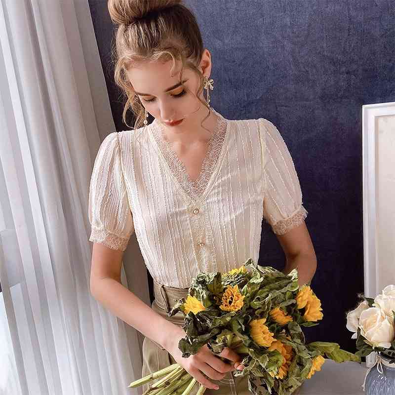 Dabuwawa Exclusive Casual Lace V-Neck Blouse Spring Summer Short Sleeve Ruffled Elegant Women's Shirt Tops Fashion DO1BCF002 210520