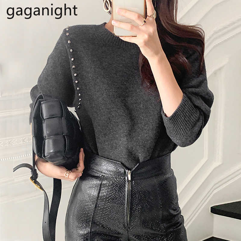 Chic Vintage Rivet Women Sweater Winter Thick ONeck Pullovers Korean Long SleeveKnited Sweaters Casual Loose Tops 210601