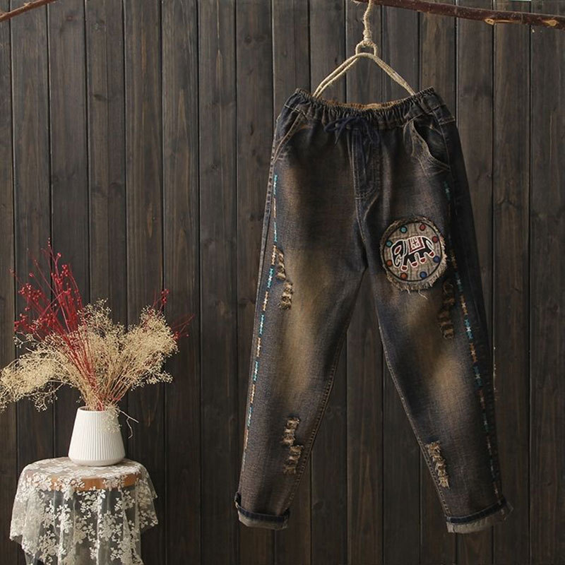 Spring Autumn Women Jeans Plus Size Elastic Waist Loose Denim Harem Pants Embroidery Vintage Ripped good quality D106 210512
