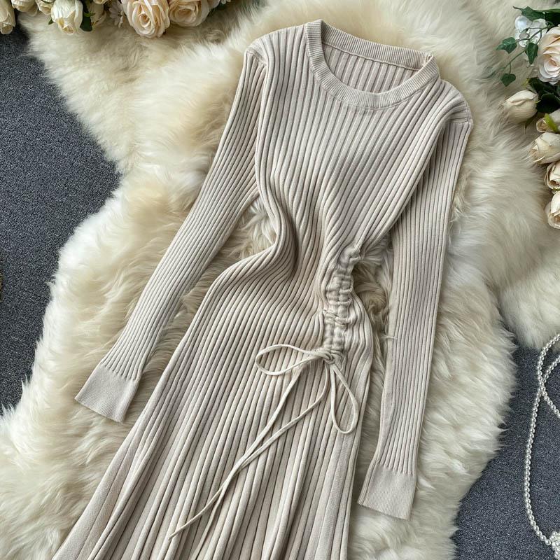 Auutmn Winter Kneet Dress Women Slim Long Sleeve A Line Sweater Dresses Ladies Elegant Knit Robe Vestidos Mujer Casual