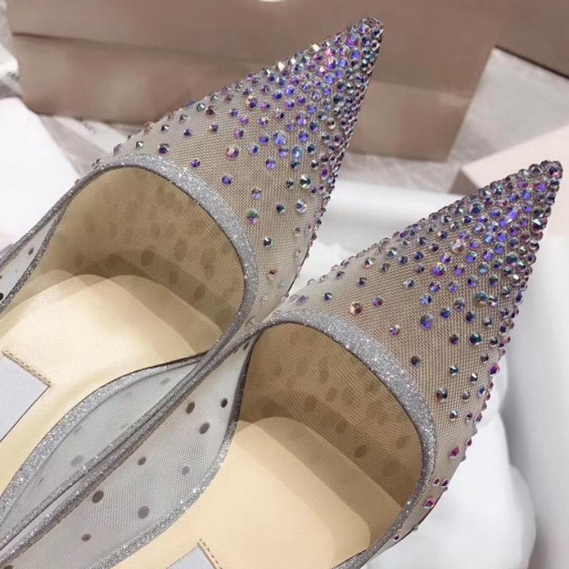 Dress Shoes Mesh Rhinestone Female 2021 Summer Colorful Crystals Low-Cut Pointed-Toe Stilettos Super High Heel Women's