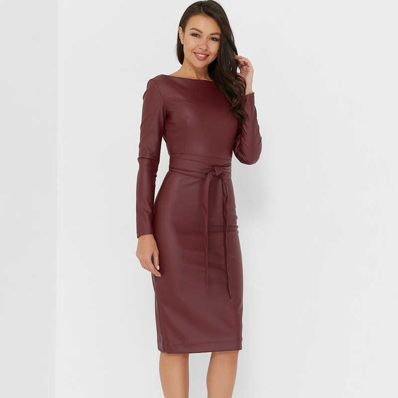 Women Elegant Matt Pu Leather Pencil Dress Vintage Sashes O Neck Long Sleeve Solid Warm Slim Dress Bodycon Party Holiday Dress 210630